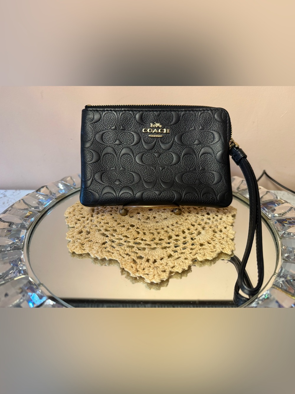 Coach Black Embossed Leather Wristlet with Gold Logo